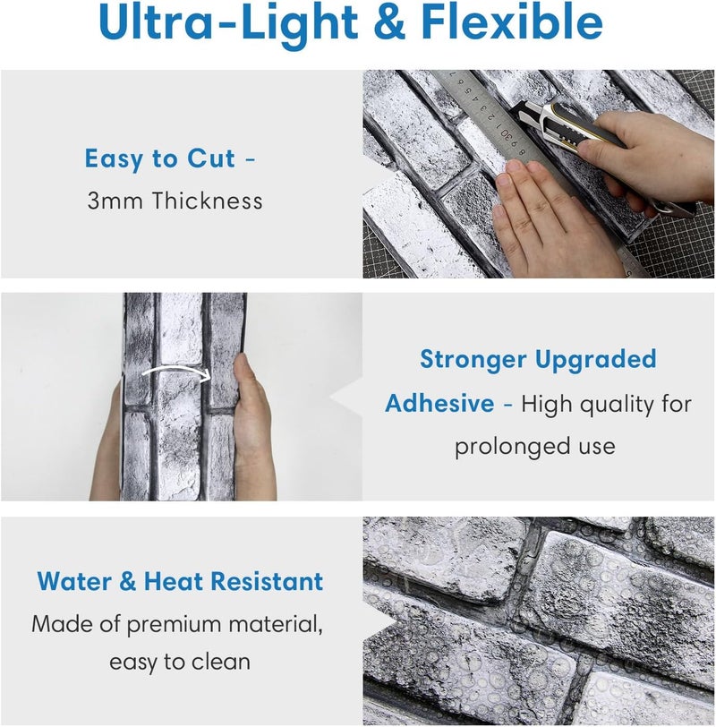 COMSTICKC 3D Faux Brick Wall Panels, Peel and Stick Brick Tiles,10 Pcs of 12"X12",Small Size Thin PVC Gray Fake Brick Self Adhesive Wall Covering Backsplash Kitchen Living Room Interior Decor - Image 5